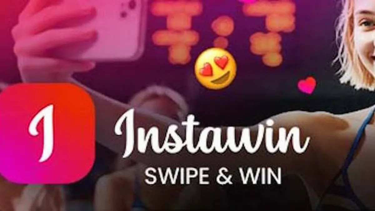 Isang visual representation ng Instawin game interface na nagpapakita ng swipe-based postcard system.