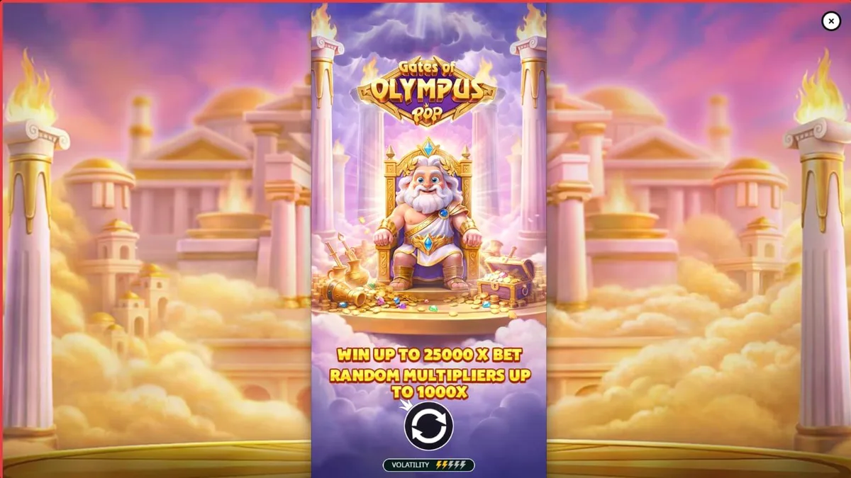 Gates of Olympus POP slot machine interface na may gintong tema at kidlat